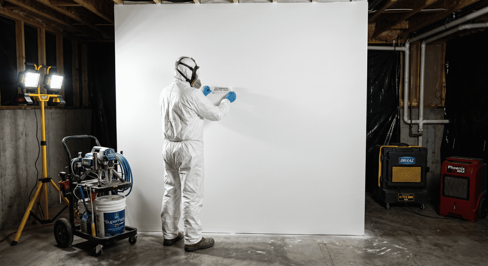 Black Grapevine mold remediation — Stachybotrys growth on water-damaged drywall under elevated containment