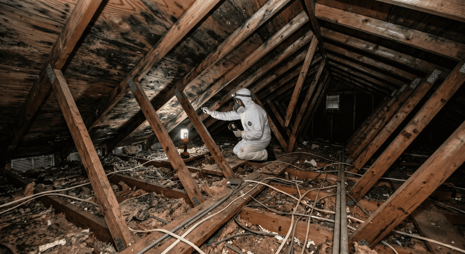 Mold on floor joists in a pier-and-beam crawl space beneath an East Grapevine home