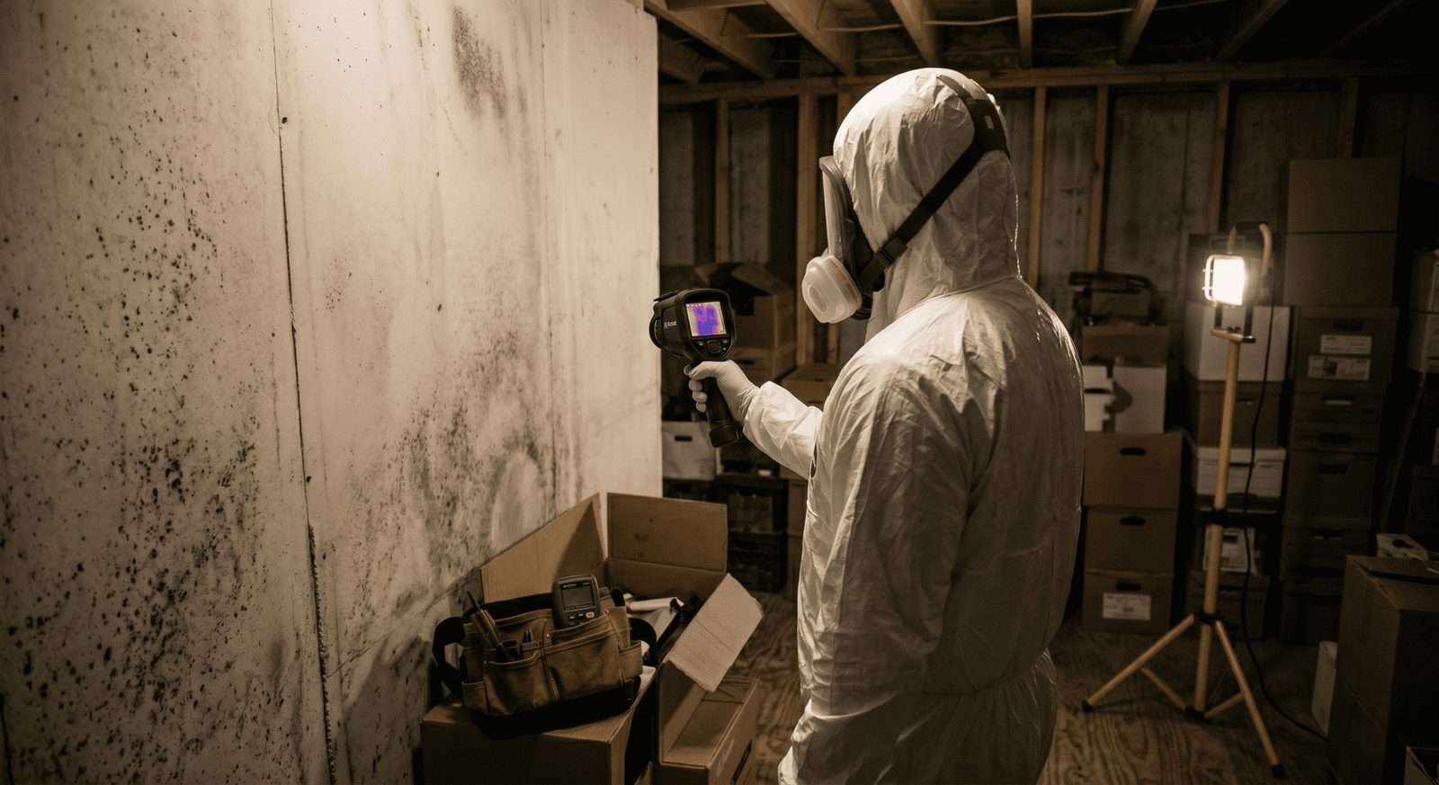 Technician in PPE running negative air and HEPA filtration during Grapevine mold remediation TX project